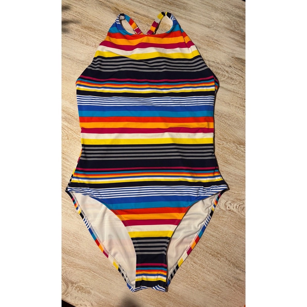 EUC Nautica One Piece Swimsuit Womens Large Multicolor Stripe High Neck - Picture 2 of 6